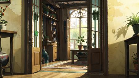 (masterpiece, best quality:1.15), no humans, indoors, rug, wooden floor, flower, potted plant, open door