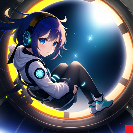 stylized aura girl, flying in cyber suit, inside spaceship, window, legs, sneakers, (hand)