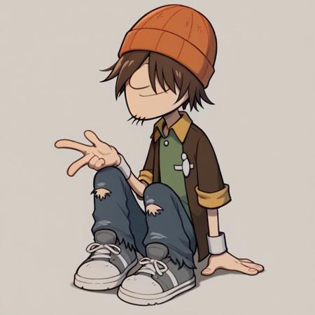 WadeKB, 1boy, brown hair, orange beanie, no eyes, eyeless open yellow-collared short-sleeved brown jacket yellow rolled-up short sleeves green undershirt ragged jeans gray white shoes <lora:WadeKB:1>