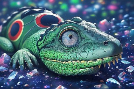 Green alligator in a clear neo-pop style, mysterious character, bright close-up, high detail, illustration, hyperrealistic, crystal clear, vivid colors, cinematic lighting, character design by Takashi Murakami and KAWS, 4k resolution