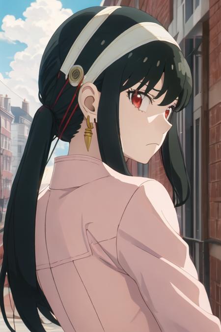 best quality, masterpiece, highres, solo, {yor_briar_spyxfamily:1.15}, black_hair, hairband, red_eyes, sidelocks, white_hairband, jewelry, earrings, bangs, long_hair, 1girl, frown, looking_at_viewer, outdoors, sky, building, closed_mouth, cloud, upper_body, looking_back