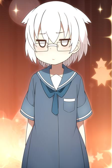 1girl, yamashita, white hair, glasses, serafuku, blush, starry background, sparkles, orange background