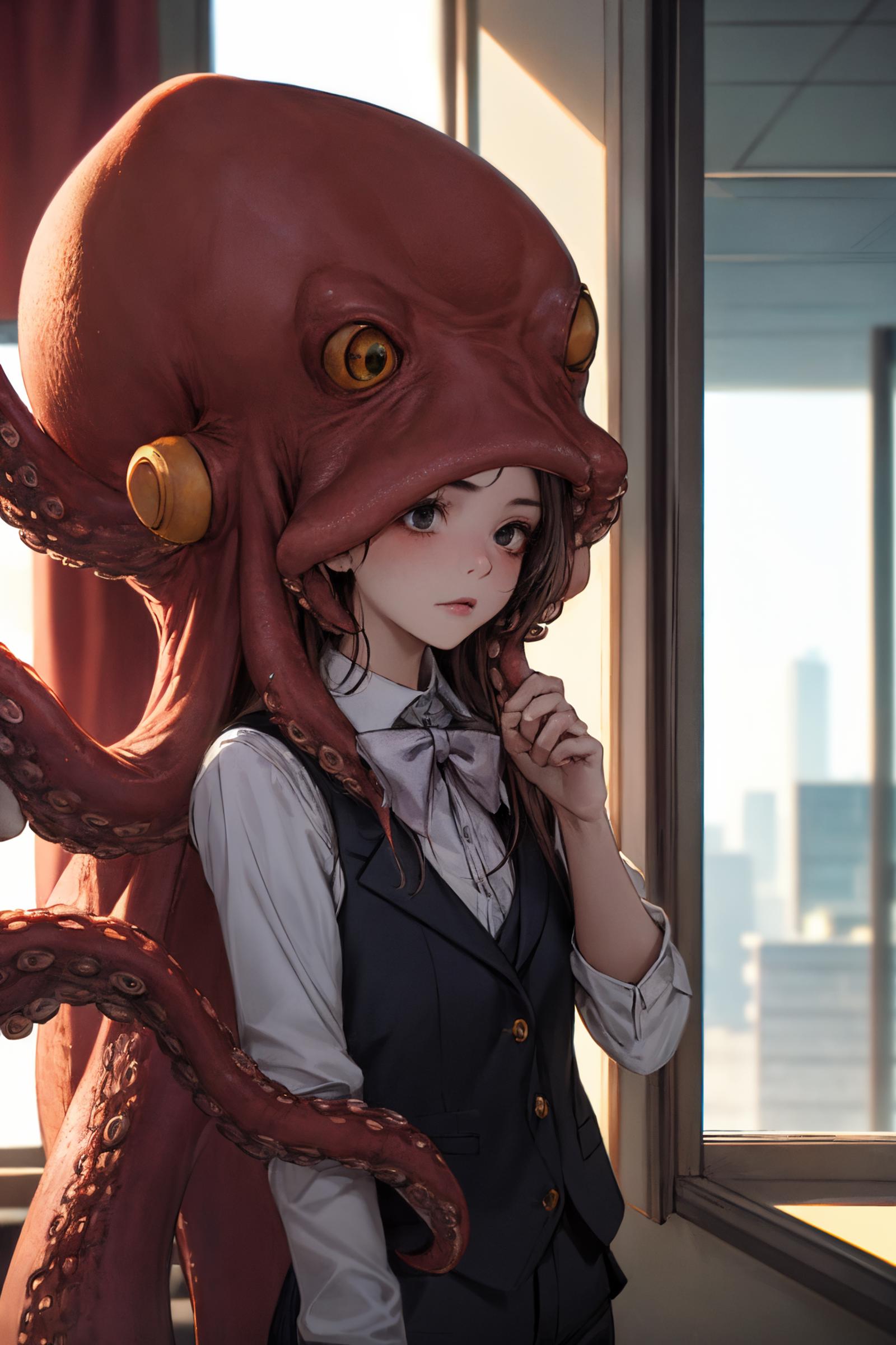 A girl with an octopus head on her head.