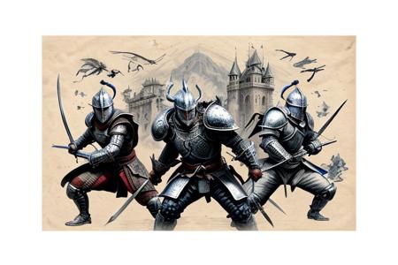 Pencil sketch, intricately detailed, rich shadows, highest resolution, highest quality, 8k UHD, 
best perfect realistic HD ultra HD 4k clear and detailed image, battle knights with a large and fearful fire dragon, nearby castle, weapons swords, crossbows, bows, detailed visualizations of knights, dragon and landscape, detailed depiction of their faces and weapons and armor, and o ...