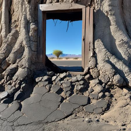 cinematic photo (house treebark hut:1.2),  broken glass, dim light in the window, old tree with massive roots,   desert road with cracked asphalt texture, weathered, dark,  wet, water puddles, cracks, simple background
 <lora:asphalt-SDXL-m:0.7> <lora:treebark-SDXL-s-exp:0.7> , blue sky . 35mm photograph, film, bokeh, professional, 4k, highly detailed