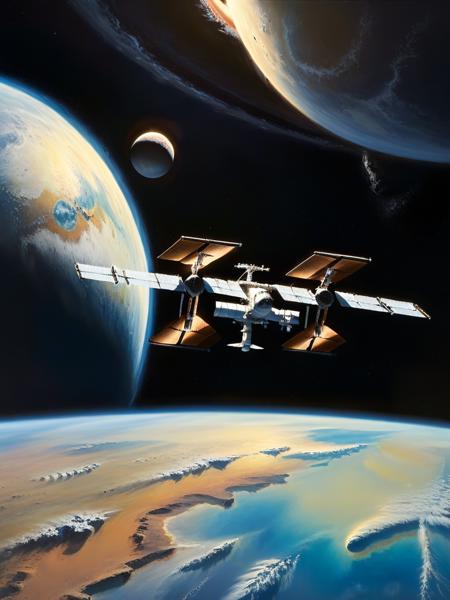 <lora:03realismPainting_Hap_XL:3>,realism, American art painting ,oil painting, in te very far distance view, is a high tech Space station, it is in the distance over high over a planet, (((in high orbit))),  sleek metallic surfaces reflecting the light of a distant sun, orbits an alien planet, myriad stars filling the backdrop, viewed from above, dramatic lighting accentuates the structure's details, ultra clear, 8k resolution, cinematic feel, volumetric light beams piercing through space cabin windows, shadow and light play across the hull, high contrast between the artificial construct and the organic celestial bodies.