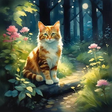 a cat in forest,bloom,night,soft light,shadows,
2d game scene,oil and watercolor painting,<lora:Retro_Illustration:1>,