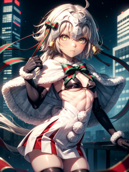 long hair,headpiece,ribbon,ahoge,yellow eyes,gloves,bell,bow,fur trim,capelet,black gloves,blush,striped,looking at viewer,elbow gloves,1girl,thighhighs,bikini,solo,very long hair,white capelet,hair ribbon,striped ribbon,striped bow,black bikini,bikini top only,dress,small breasts,white hair,black thighhighs,grey hair,fur-trimmed capelet,hair bow,white dress,green ribbon,green bow,(((City Background)))