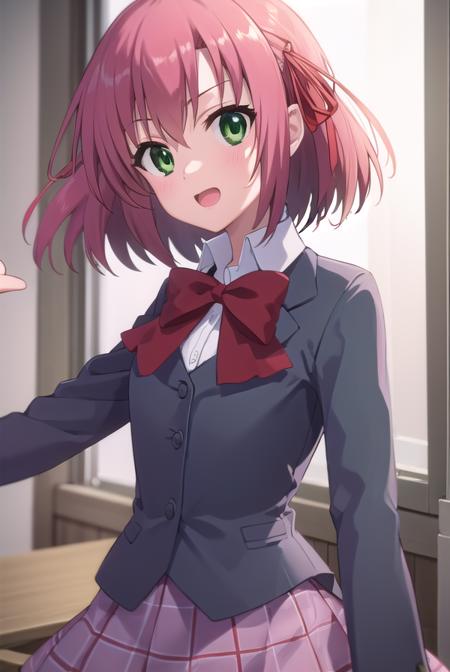 kurimusakurano, <lora:kurimu sakurano s2-lora-nochekaiser:1>,
kurimu sakurano, short hair, ribbon, (green eyes:1.3), hair ribbon, pink hair, ahoge, smile, open mouth,
BREAK skirt, school uniform, plaid, plaid skirt, shirt, white shirt, collared shirt, jacket, long sleeves,
BREAK indoors, classroom,
BREAK looking at viewer, (cowboy shot:1.5),
BREAK <lyco:GoodHands-beta2:1>, (masterpiece:1.2), best quality, high resolution, unity 8k wallpaper, (illustration:0.8), (beautiful detailed eyes:1.6), extremely detailed face, perfect lighting, extremely detailed CG, (perfect hands, perfect anatomy),