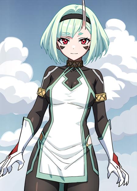 background cumulus clouds , white hands, claws,  Koko Zenibako, dress,  black skin color,  1girl, solo, short hair, looking at viewer, red eyes, green hair, facial mark, hairband, single horn, breasts, aqua hair,  <lora:Koko Zenibako20r61r61rcorrected-000006:0.6>