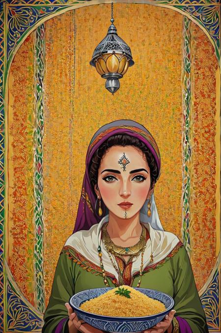 a painting of a woman with a couscous in her hand, a poster by Maryam Hashemi, behance contest winner, moroccan art, poster art, digital illustration,  <lora:UshamXL:1.2>, moroccan pattern background,