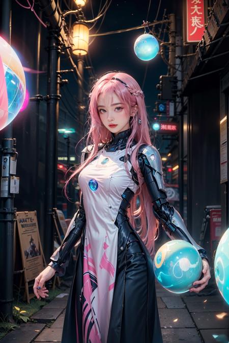 official art, unity 8k wallpaper, (ultra detailed), beautiful and aesthetic, beautiful, masterpiece, best quality, 
(1girl:1.3), (long hair, pink hair:1.4), mature female, cyberpunk, mecha, sexy, iridescent eyes, starry sky, standing, futubot, futureaodai, (street:1.3), neon light, (blue orb core:1.4)(white clothes:1.3)(wind blowing:1.3)
<lora:futureaodai-000010:0.75:MIDD>