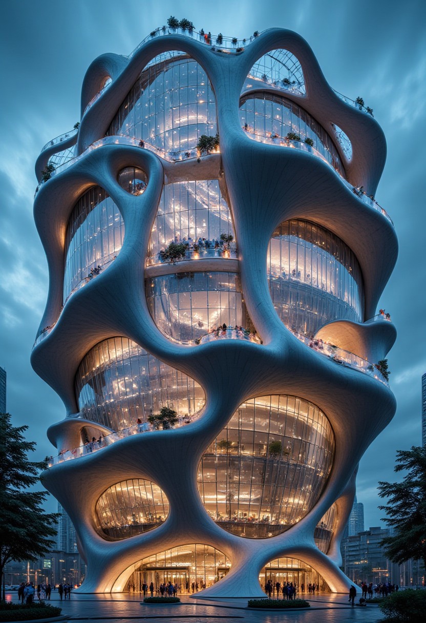 A futuristic multi-story building with an organic, sculptural design. The structure features flowing, curved forms that create a striking appearance. Large glass windows wrap around the building, allowing panoramic views of the cityscape. The building is illuminated from within, highlighting the activity inside. The building is in an urban environment, with people gathered around the base of the building, and with other buildings visible in the background.