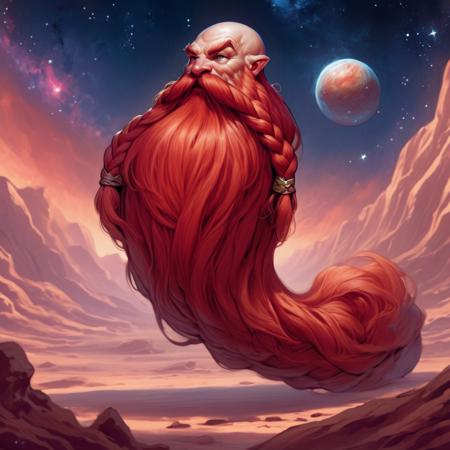 Harry_Dwarf, D&D illustration style, full body shot, dwarf-like character, flowing, long red beard, braided moustache,bald , <lora:Harry_Dwarf:1>,  rocky planet background, galaxy in sky