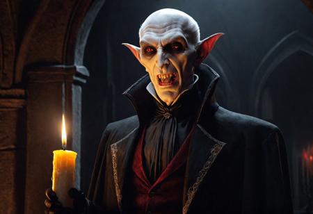 a photorealistic dark concept art of a vampire holding a candle, inspired by Gregorius Sickinger and the style of Nosferatu, with a dimly lit scene and an elegant horror atmosphere, incorporating elements inspired by Juliusz Kossak, Wojciech Kossak, and Marius Borgeaud.