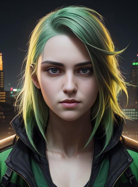 Portrait of {a hacker} with {green} hair and with scarred face, {city}, perfect composition, hyperrealistic, super detailed, 8k, high quality, trending art, trending on artstation, sharp focus, studio photo, intricate details, highly detailed, by greg rutkowski