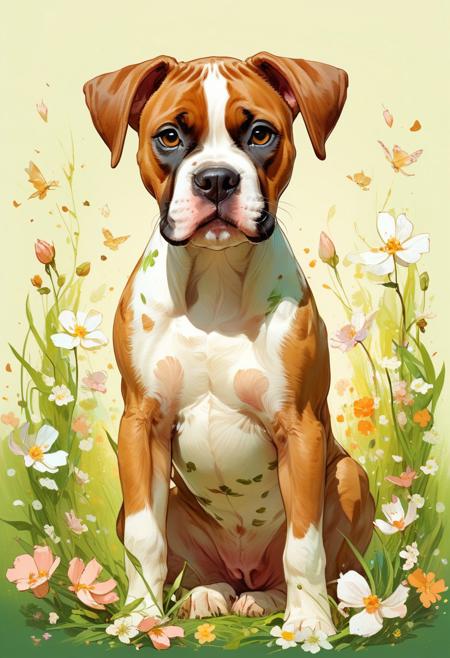 Photo, neo-hypperrealism, A adorable puppy, white and vlight brown Boxer/American Staffordshire Terrier mix dressed for a floral spring, digital painting, artstation, concept art, smooth, sharp focus, illustration, Carne Griffiths, pixar, Victo ngai, Jean Baptiste Monge, highly detailed, refined, defined, follow negative prompts