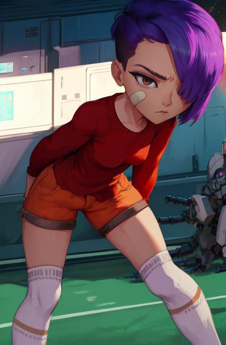 mai, short hair, bandaid on face, purple hair,  hair over one eye,  brown eyes, 
orange shorts,    red shirt, long sleeves,  kneehighs, 
upper body,  robots,   arms behind back,  leaning forward,  serious, 
cyberpunk,  soccer field, morning, 
(insanely detailed, beautiful detailed face,beautiful detailed eyes, masterpiece, best quality) 
 <lora:maisu:0.7>