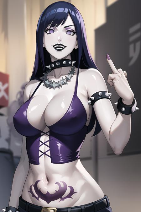 ((best quality)), ((highly detailed)), masterpiece, ((official art)), detailed face, beautiful face, (detailed eyes, deep eyes),(cowboy shot:1.1), hinata\(shippuden\), (lips), looking at viewer,  grin, teeth,
(RockOfSuccubus),middle finger, large breasts, navel,(purple), cleavage, midriff, belt, pants, (tattoo:1.1), pubic tattoo,makeup, (colored skin:1.3), (black lips:1.3),(lipstick), (pale skin:1.5),(spikes:1.2), cross-laced clothes, (spiked bracelet), (spiked collar), necklace, bustier, (spiked armlet)
(Music_festival_background:1.2) ,(intricately detailed, hyperdetailed), blurry background,depth of field, best quality, masterpiece, intricate details, tonemapping, sharp focus, hyper detailed, trending on Artstation,1 girl, high res,