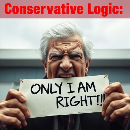 A realistic, analog photograph, meme image labeled with the text "Conservative Logic:" at the top, From a POV perspective, an old conservative white man with grey hair. holding a sign "ONLY I AM RIGHT!!" The person is visibly angry, their face contorted in anger as they scream in response. The image captures the intense internal conflict and cognitive dissonance that occurs when deeply held beliefs are challenged by undeniable truths. The scene is satirical, emphasizing the clash between ideology and reality. RAW, high quality, high resolution, 8K, masterpiece, comic illustration, digital drawing, graphic novel style