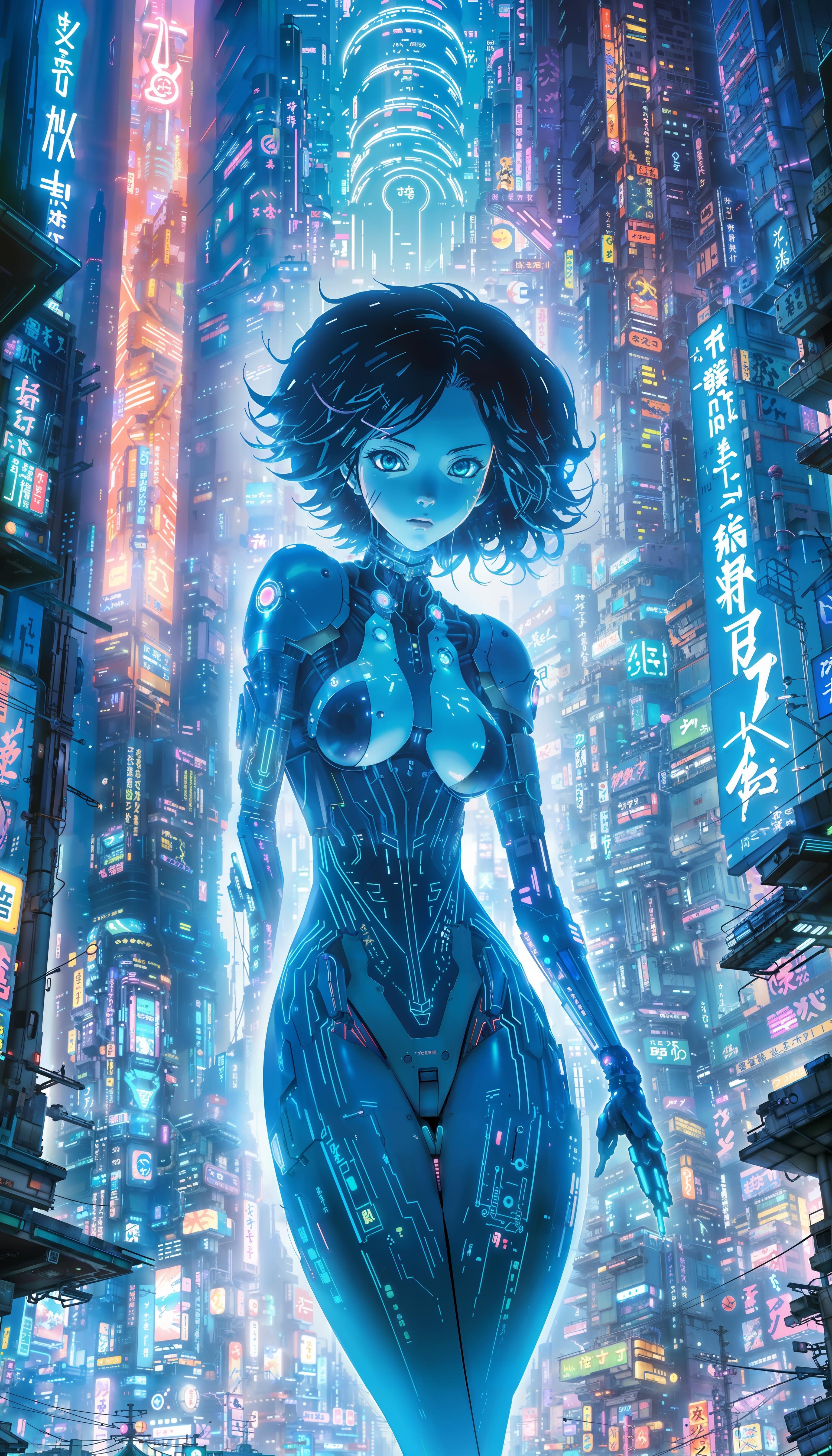 "Cyberpunk Cityscape with a Robotic Woman"