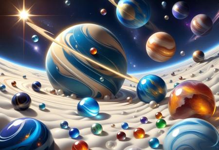 masterpiece, best quality, detailed illustration, (brighten the front:1.0), Weightless marbles floating in space. planets as marbles. orbing a bright shining marble. Marbles world