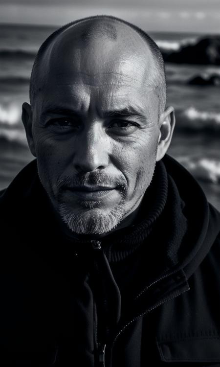 b&w photo of 42 y.o man in black clothes, bald, face, half body, body, high detailed skin, skin pores, coastline, overcast weather, wind, waves, 8k uhd, dslr, dramatic lighting, cinematic shot, high quality, film grain, Fujifilm XT3, skin imperfections