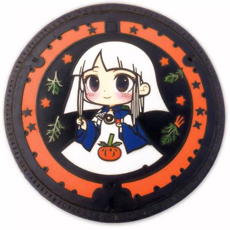 <lora:japanese_manhole_t2:1.0>,  (japanese_manhole:1.0), colored metal, colorless metal, a manhole cover,  1girl, blush, brown eyes, carrot, collar, dress, eye \(okame nin\), fewer digits, food, full body, highres, holding, holding food, holding vegetable, long hair, long sleeves, looking at viewer, no mouth, okame nin, rags, red eyes, simple background, solo, spiked collar, spikes, star \(symbol\), star in eye, symbol in eye, vegetable, very long hair, white background, white dress, white hair, white skin