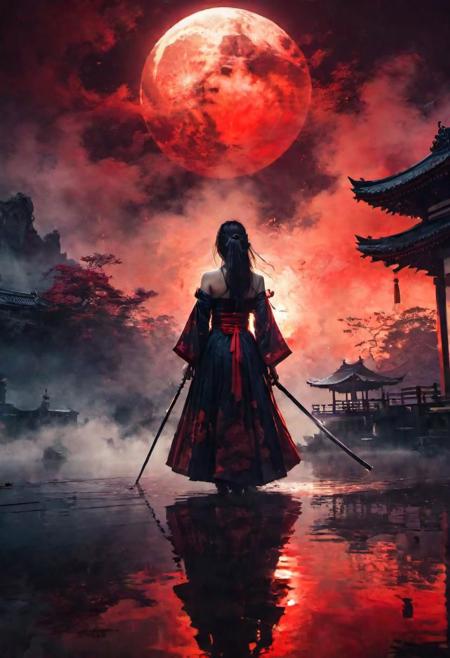 1 girl, 20yo, makeup,very beautiful, makeup,
reflection,low angle, sword reflection,samurai, long hair,kimono,strapless, traditional architecture,night,(red moon:1.1),(fog:1.4),(silhouette:0.8) , (expressionless:1.3),(ghost:1.1),red fire,,fantasy, high contrast, ink strokes, explosions, over exposure, purple and red tone impression , abstract, ((watercolor painting by John Berkey and Jeremy Mann )) brush strokes, negative space,face detailed, face perfect, cleavage, solo focus, (close up:2)
