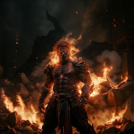 highly detailed cinematic photo of a fire giant, 1boy, chainmail, male focus, magic, 
flaming eye, full armor, glowing eyes, molten rock, muscular,  orange hair, red hair, open mouth, holding weapon, 

(full body:1.2),

realistic, depth of field, blurry background,

mountain on fire,

photorealistic,
analogue photography,
low key lighting,
