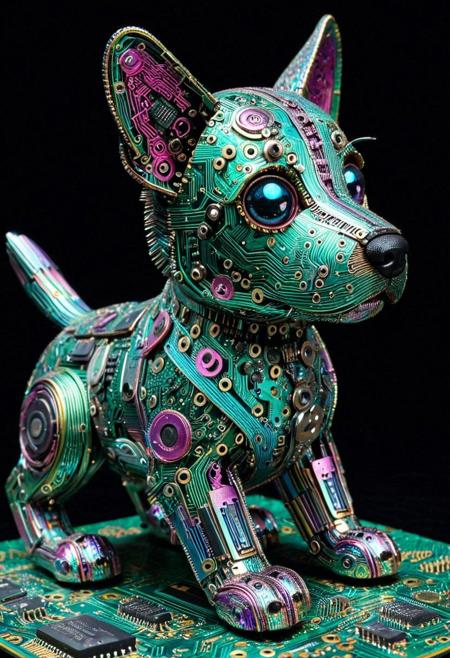 puppy made of cogs,
iridescent, (pcb woven design:1.1), cosmic reflection, close-up, cyberpunk