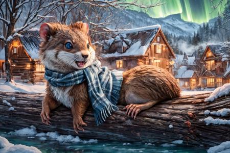 (RAW photo, 8k uhd, Analog style, Masterpiece, Best Quality, Highres:1.3), (dramatic, cinematic:1.2), BREAK,
movie shot of realistic (1beaver:1.35) wearing (sweater:1.4) (sitting:1.2) on (island on lake:1.2), (beaver tail, (paws:1.05):1.15), (holding stick:1.1), (river, detailed autumn mapple pine forest:1.2), (fabulous small house, beaver village:1.2), (mountains:1.1), (falling leaves:1.2), (wooden (logs:1.15), (moss:1.1):1.2), (morning, fluffy cloud:1.25), (godrays, light particles, colorful:1.3), looking at viewer, (frontal:1.2), BREAK,
(photorealistic, no humans:1.3), (quadruped:1.35), (wearing plaid sweater:1.35), ((scarf:1.1), cute (eyes:1.15), full body:1.1), (wildlife photo, photo by discovery channel:1.2), (fantasy fabulous dream world, shiny:1.3), (soothing calm mood:1.2), (scandinavian northern nature, outdoors, steam, waterfall, cliff, (aurora:1.05):1.1), snow, brown, (rodent teeth:1.1), BREAK,
<lora:more_details:0.8>,
<lora:zoom_slider_v1:3.8>,