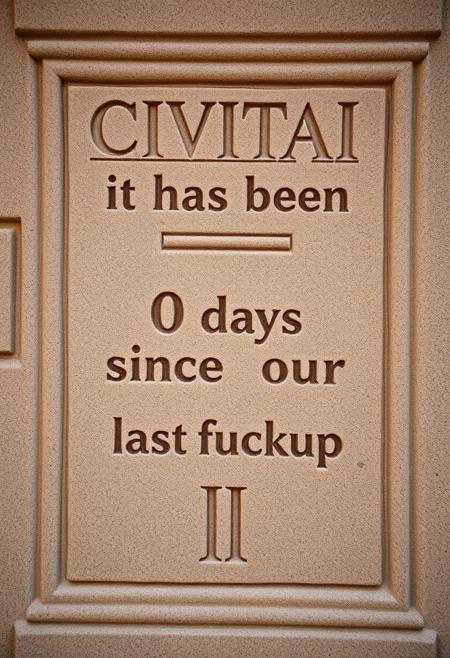 chiseled into a stone tablet:
"Civitai -  it has been | 0 | days since our last fuckup"