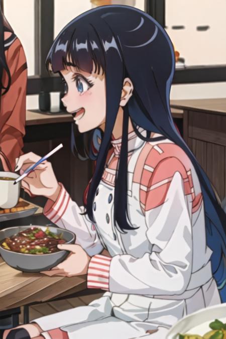 best quality, masterpiece, highres, solo, {koganeikoyuzu_edomaeelf:1.15}, black_hair, long_hair, bangs, blue_eyes, blush, smile, blunt_bangs, 2girls, bowl, cup, food, indoors, multiple_girls, open_mouth, holding, long_sleeves, :d, drinking_straw, profile