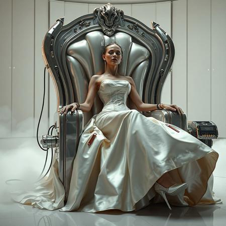 A slender, arrogant  rich norvegian bride, reclined in a polished steel throne, dressed in a luxurious, rich fantasy satin wedding gown with a fitted, boned corset accentuating her ultra-thin waist.and a full, flared skirt, paired with satin high heels, orgasm face. The massive electrodes holding her head pressed to the throne headrest,  cabled to a  futuristic superconputer rack. Her hands and ankles are bound to the  throne  by massive steel restraints,   weird fog from the floor. The scene is set in a sterile, empty chamber, with a glossy mother-of-pearl finish, evoking a sense of futuristic dread. Inspired by the cinematic styles of Ridley Scott, Guillermo del Toro, and H.R. Giger, with a blend of sci-fi and horror elements, this full-body portrait is a masterpiece of cinematic storytelling, shot on a virtual v-raptor XL camera, with a warm, film-grained aesthetic, subtle vignette, and rich color grading, reminiscent of 35mm film, with dramatic, atmospheric lighting, inviting the viewer to immerse themselves in this epic, stunning scene.