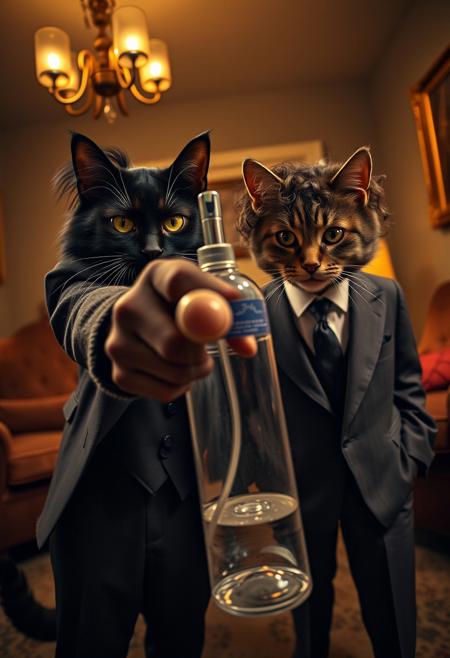 A highly detailed and humorous photo of two anthropomorphic cats recreating the famous "Say what again" scene from Pulp Fiction. One cat, dressed as Vincent Vega, has long black fur, a suit, and a ponytail, while the other, dressed as Jules Winnfield, has curly fur, a suit, and an intense expression. Jules-cat is pointing a chrome-plated water spray bottle directly at the viewer, creating a dramatic first-person perspective. Vincent-cat stands beside him with a calm demeanor, slightly amused. The scene is set in a dimly lit apartment with a tense atmosphere, golden lighting, and a retro aesthetic. The exaggerated perspective enhances the comedic yet intense effect. High-definition, cinematic composition, with vivid details and a Tarantino-style dramatic flair.