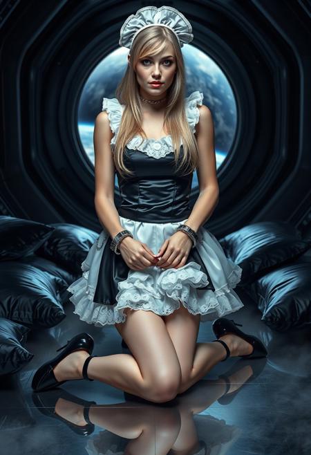 arrogant slender blonde tape muffled maid  kneeling in sexy glossy black satin  french maid  uniform  with white  lace appron, ectremely lush  white tulle petticoat,  white silk stockings, glossy  black high heels with ankle straps,  white lace maid cap,  hands handcuffed,  collared to the floor with thin silver chain, surrounded by  black foil pillows, giant porthole to space at background, masterpiece, provocative, femine, long hairs, tight clothes,  ultra thin whaist, silk and satin, latex, absurdres,  polished steel floor, fog from the floor, masterwork, realistic, space_station,  indoors, dim_lighting, high_contrast, solo, french maid planet, females enslaved by robots, abducted by aliens, sci-fi, horror