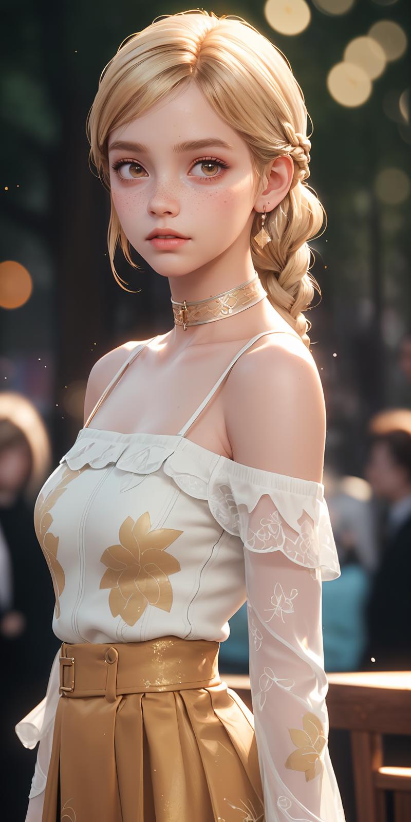 A 3D rendered image of a woman wearing a white dress with gold accents, including a gold chain around her neck and a gold flower design on her dress.