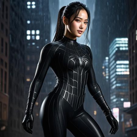 score_9, score_8_up, score_7_up, best quality, realistic, masterpiece, beautiful detail, hyperrealistic, night, ((1girl, woman body, large breast)), amazing detailed full body of a cute korean woman, wearing a realistic and highly detailed black raimi spider-man suit, ((defined muscular girl)), professional model wears ultra - detailed black raimi spider - man suit, ultra - detailed and grained black raimi spiderman suit, suit covered entire body and hand, black spiderman gloves, wet, (light smile, dynamic pose, black hair, ponytail hair), close up, octane render, highly detailed, volumetric, dramatic lighting, (highest quality:1.1), (HDR:1.3), (top quality, best quality), realistic, high definition, sharp contrast between light and shadow, athletic and fit physique, highly detailed and accurate portrayal, photorealistic rendering, tense and alert atmosphere cinematic scene, cinematic lighting, intricate detail skin and facial texture, lifelike expression, accurate character design, interesting and complex background details,