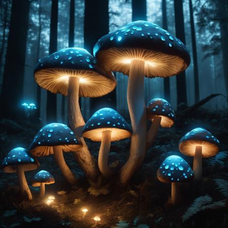 Hyperrealistic art A forest of giant mushrooms, glowing in the dark. The mushrooms are all different shapes and sizes, and they are covered in bioluminescent spores. The forest is bathed in a soft blue light, and the overall effect is both magical and eerie. . Extremely high-resolution details, photographic, realism pushed to extreme, fine texture, incredibly lifelike