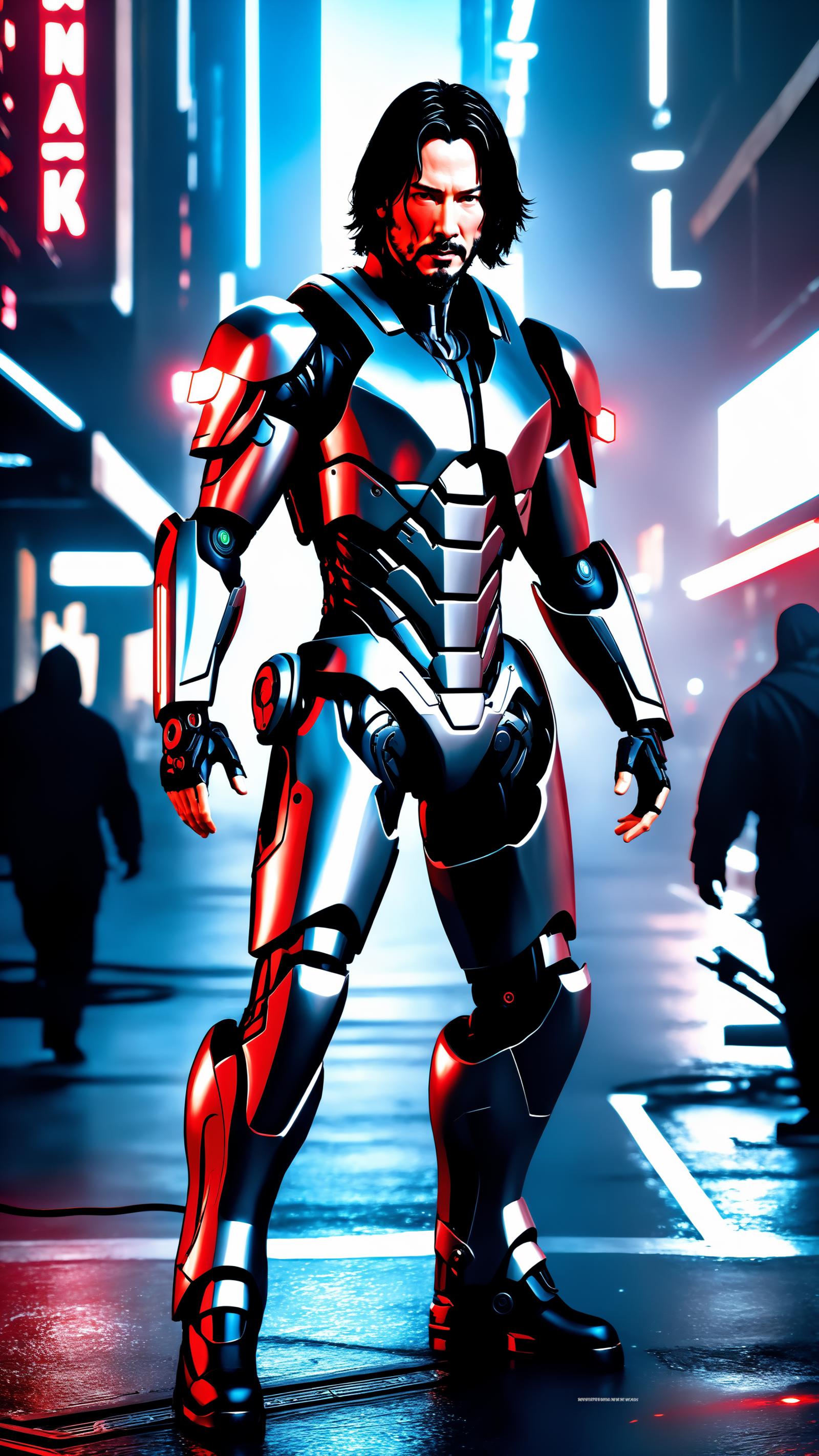 A robot with red and silver armor walking in a city at night.