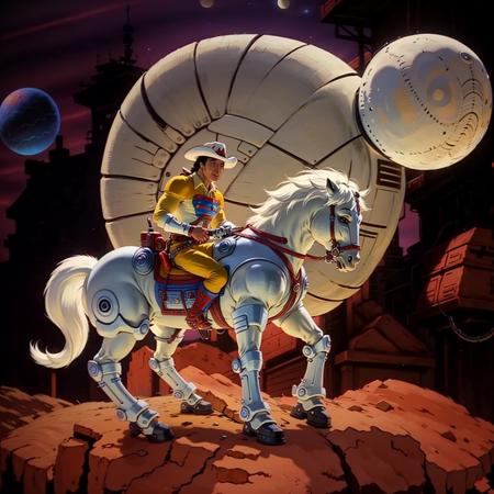 raw photo, realistic, photorealistic,
1boy, solo, smile, bravestarr, hat, cowboy hat, black hair, gloves, male focus, white gloves, blue boots, dark skin, dark-skinned male, (toned body:1.1), riding a muscular cyborg horse with full white hair, detailed moons and planets in the background,
<lora:Bravestarr_1987:0.65>