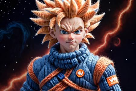 w00len, a hyper realistic picture of a goku wearing a woolen knitted outfit, space backdrop, yarn