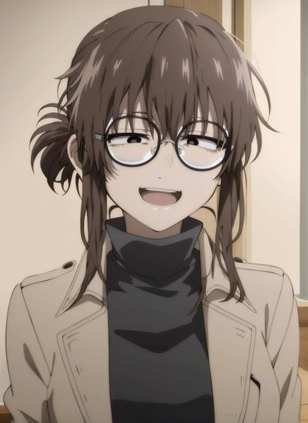 masterpiece, best quality, high quality, 1girl, solo, <lora:uguisuAnkoYofukashiNo_v10:0.8>, uguisu_anko, glasses, round eyewear, brown hair, folded ponytail, black eyes, turtleneck sweater, black sweater, trench coat, brown coat, open coat, portrait, indoors, anime screncap, :d, smile, upper teeth