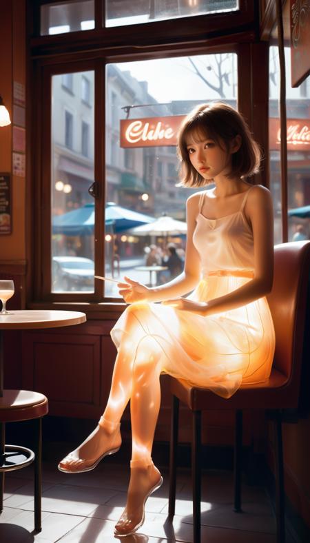 A girl sits in a cafÃ©,her limbs translucent and glowing softly,drawing curious glances from those around her.,