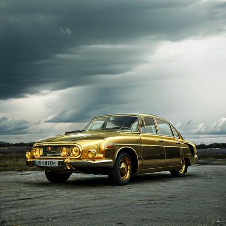 studio lights exclusive photo, car (shiny gold:1.3) <lora:tatra603:0.7> in dystopian thriller, cyberpunk ((masterpiece)) dark stormy clouds