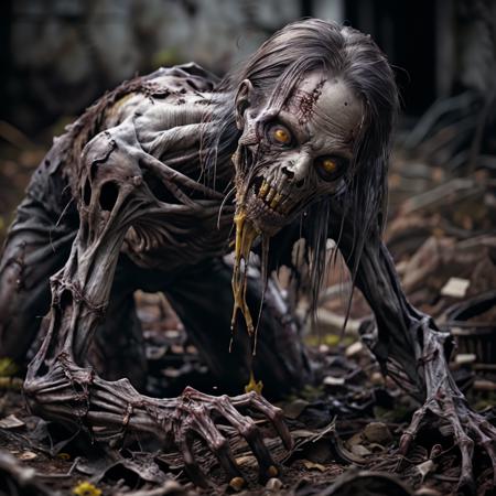 <lora:RPGGhoul:1>ghoul, solo, long hair, 1boy, male focus, ((yellow eyes)), teeth, blurry, skeletal, ((crawling))