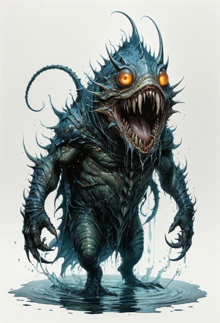 full body, lineart, concept art, a misshapen, beefy leech-like monster protrudes from the water, glowing eyes, with big teeth, watercolor wash, approaching perfection, pure form,  minimalistic, unfinished, concept art by Brian Froud and Carne Griffiths, intricate details, 8k post production, high resolution, hyperdetailed, trending on artstation, sharp focus, studio photo, intricate details, highly detailed, by greg rutkowski<lora:xl_more_art-full_v1:0.5>
dungeon and dragon , fantasy,  detailed_eye_model, white background,