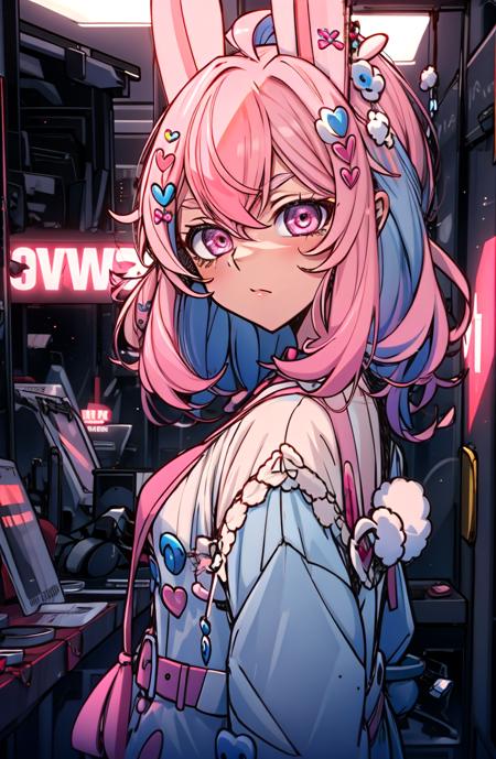 1girl, pippa, virtual youtuber, pink hair, hair ornament, rabbit ears, pink eyes, <lora:Char - PippaV2:0.8>,  hell,  <lora:Style - Vanripperart:0.85>