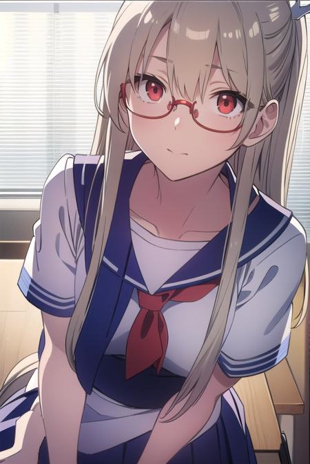 kotonesasaki, <lora:kotonesasakitest:0.8>,
kotone sasaki, long hair, (red eyes:1.5), glasses, blonde hair, hair pin, (small breast:1.2),
BREAK sailor uniform, serafuku, blue sailor collar, short sleeves, skirt, blue skirt, school uniform,
BREAK looking at viewer,
BREAK indoors, classroom,
BREAK <lora:GoodHands-vanilla:1>, (masterpiece:1.2), best quality, high resolution, unity 8k wallpaper, (illustration:0.8), (beautiful detailed eyes:1.6), extremely detailed face, perfect lighting, extremely detailed CG, (perfect hands, perfect anatomy),